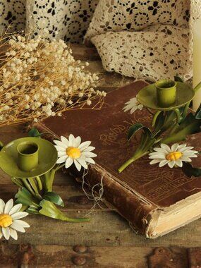 Vintage 1960s Italian Tole Daisy Candle Holders, Pair of Two